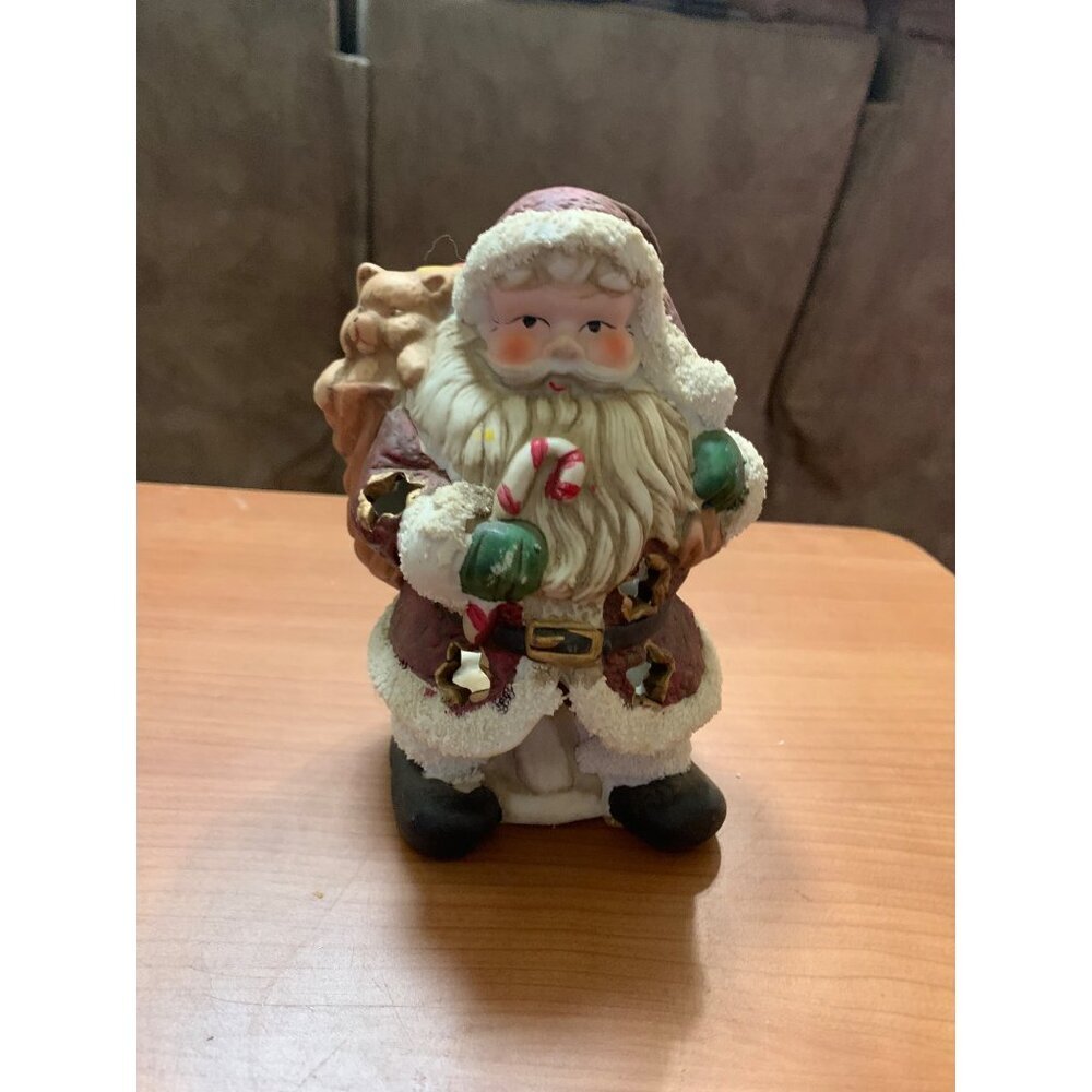 Vintage Christmas Santa Tea Light Candle Holder Ceramic Toy Bag 1990s #2-T4